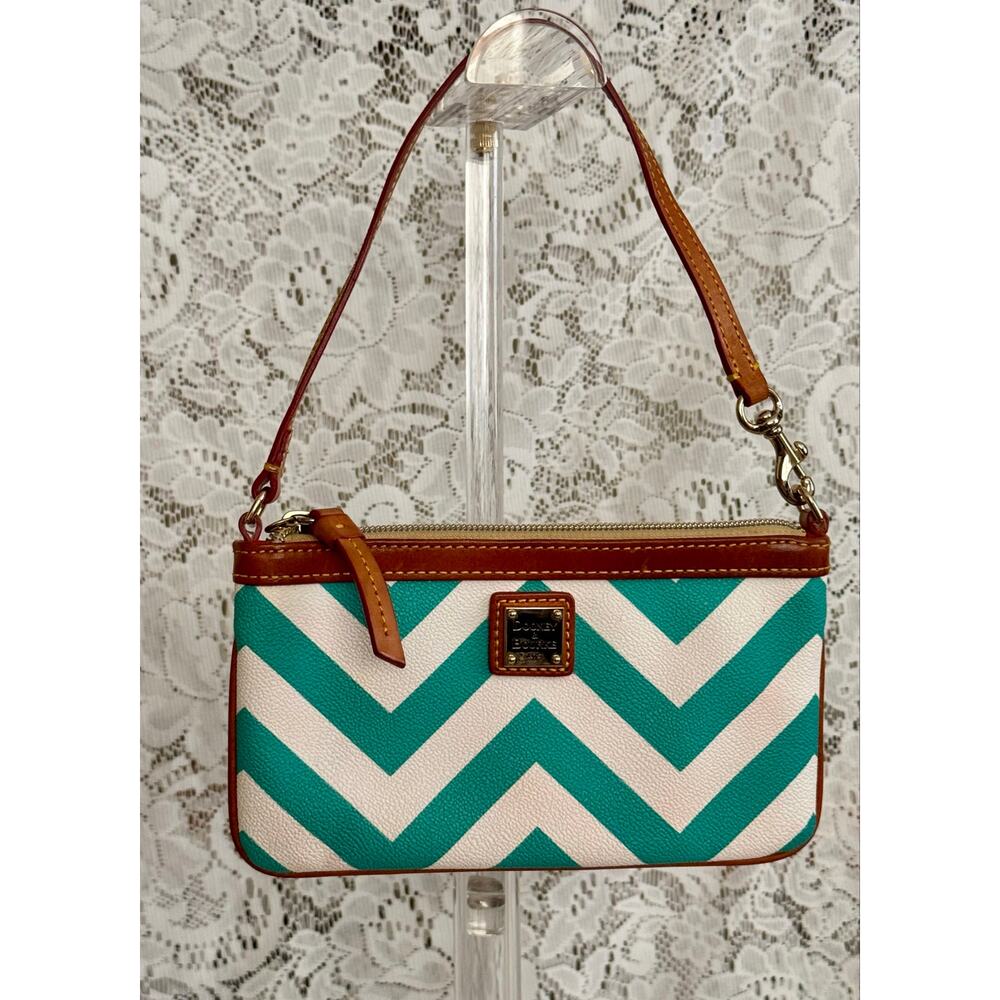 Dooney & Bourke Chevron Wristlet Aqua White Zip Pouch EUC